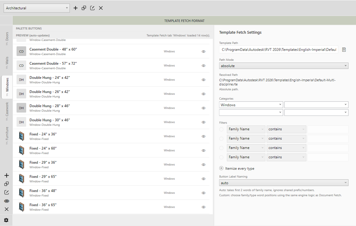 Template Fetch settings in the Palette Editor