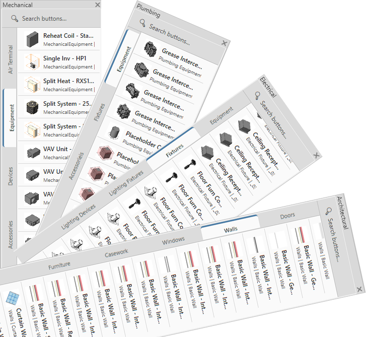 Stacked previews of Architectural, Mechanical, Electrical, and Plumbing tool palettes